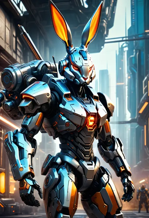 a mech with rabbit ears in a futuristic combat stance, rich in details, steel texture, cool and sci-fi vibe, enhanced by studio ...