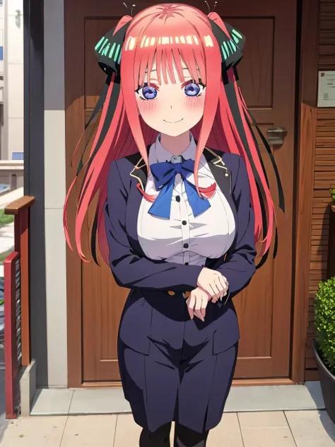 best quality, ultra-detailed masterpiece, anime art style, cute characters, nino nakano, breasts, blush, smile, full body, uniform