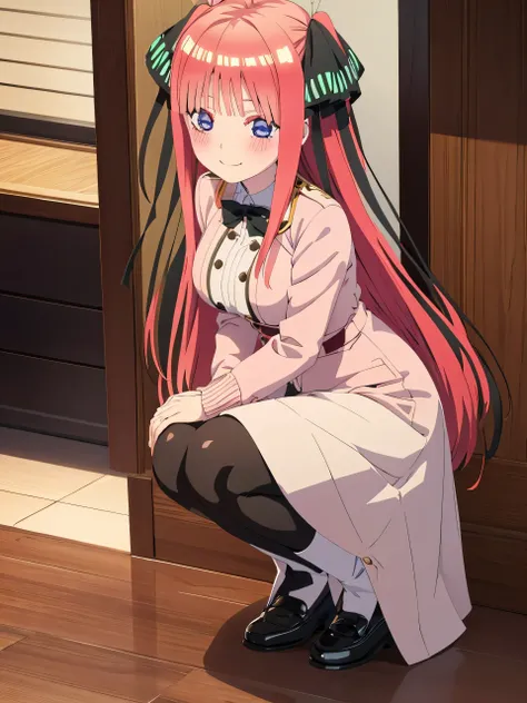 best quality, ultra-detailed masterpiece, anime art style, cute characters, nino nakano, breasts, blush, smile, full body, uniform