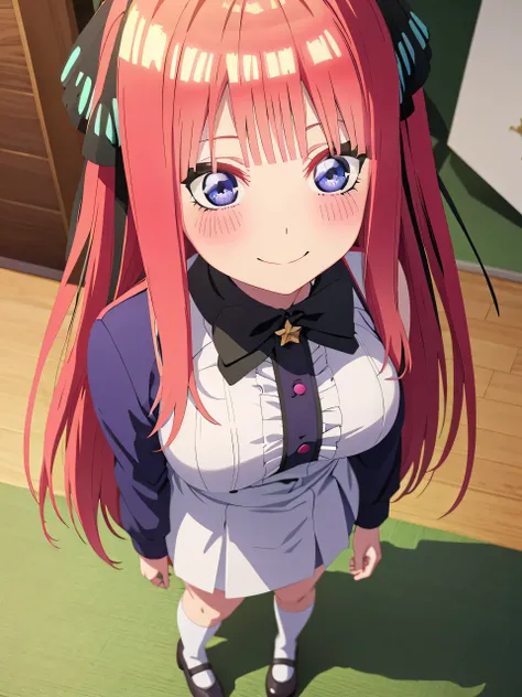 best quality, ultra-detailed masterpiece, anime art style, cute characters, nino nakano, breasts, blush, smile, full body, uniform