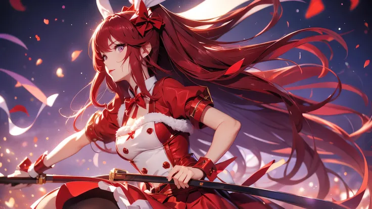 Outrageous, Best Quality, 1girl, solo, red hair, purple eyes, long hair, big, ahBunny, bunny ears, red corset, gakuran, aprons, red neck ribbons, red skirt, hair bow, short sleeves, wrist cuffs, white thighs, jingle bells