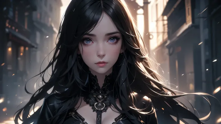beautiful girl with realistic black eyes, pale skin, mid-length black hair, perfect face, perfect eyes, wearing coat, highly detailed, comprehensive cinematic, digital painting, 8k, cinematic lighting, best quality, highres, detailed work, post-processing,...