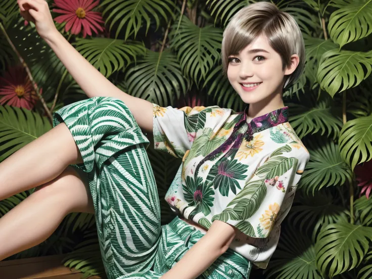 231 (18-year-old female,floral clothes), ((short hair:1.46)), (pants style), (a kind smile), (jungle pattern)