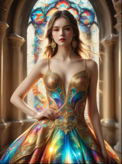 A photo of an exquisite dress，Its design is influenced by the art of glass gilded with bright colors and rich patterns.，This dress has a spectrum of lustre，The richness of the cathedral windows、Deep golden hue。This creative fusion of fashion and art，A kale...