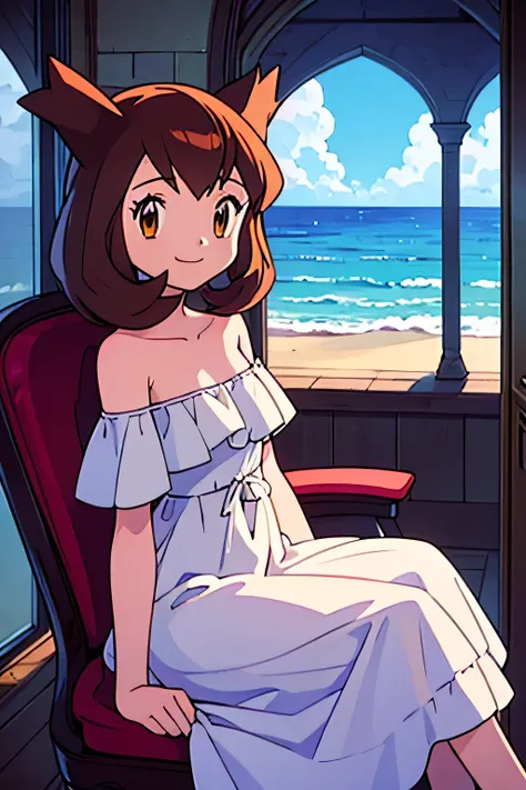 masterpiece, best quality, ultra-detailed, illustration, beautiful detailed eyes, very detailed illustration, cinematic lighting, 1 girl, solo, Pokemon Heroes (Bianca), Brown Hair, brown eyes, bare shoulders, strapless, off shoulders, white ruffle off the ...