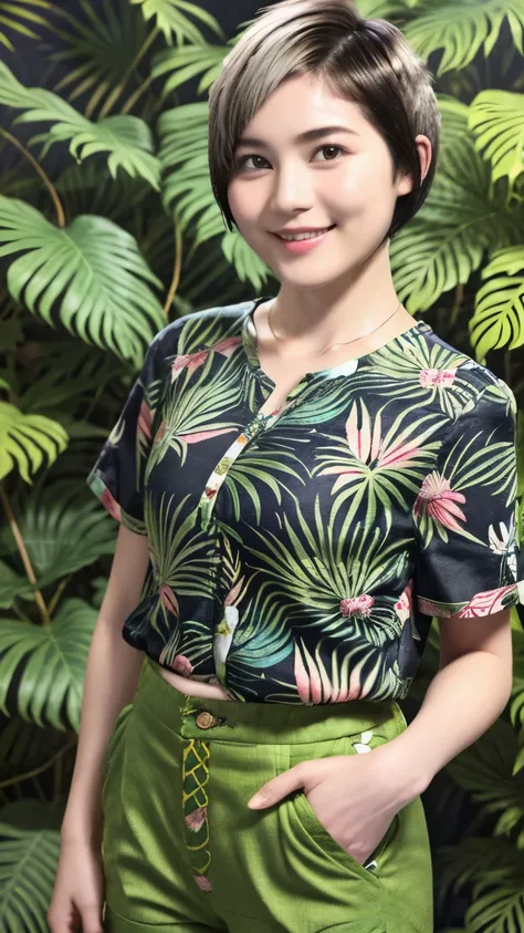 231 (18-year-old female,floral clothes), ((short hair:1.46)), (pants style), (a kind smile), (jungle pattern)