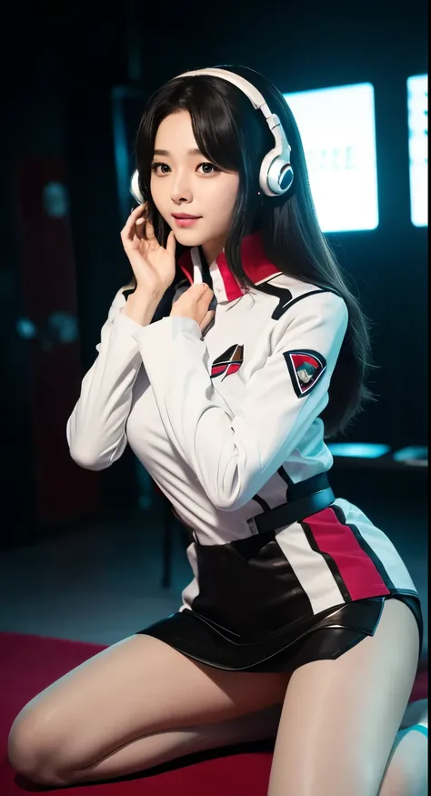 Tabletop, highest quality, 8k、(Golden ratio face、Balanced Eyes、Crouching on knees、Black Mini Skirt、(White panties:1.4)、Very gentle eyelids)、double eyelid、Innocent face、Young Face、Beautiful nose、Embarrassed laugh、Lip gloss 、Very beautiful girl、Beautiful gir...