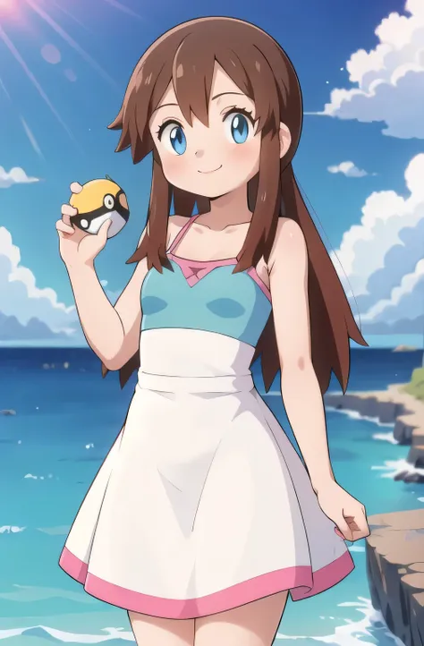 melody_pokemon, blue eyes, long hair, brown hair, bare shoulders, collarbone, pink camisole dress, blush, smile, ocean, cliff, c...