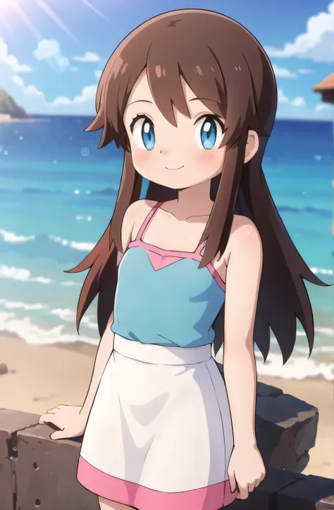 melody_pokemon, blue eyes, long hair, brown hair, bare shoulders, collarbone, pink camisole dress, blush, smile, ocean, cliff, c...