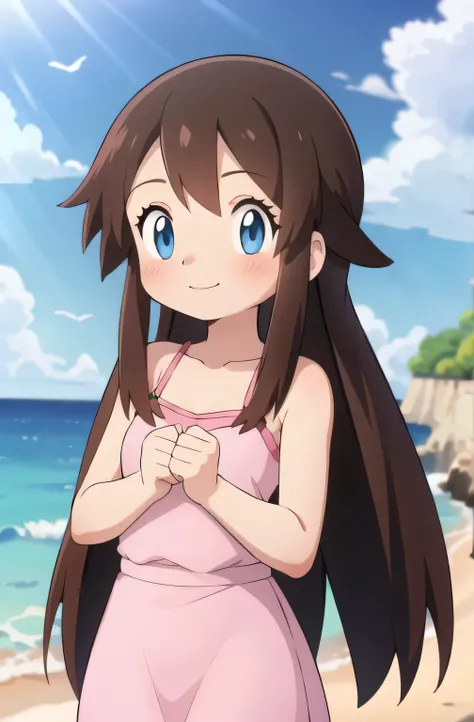 melody_pokemon, blue eyes, long hair, brown hair, bare shoulders, collarbone, pink camisole dress, blush, smile, ocean, cliff, c...