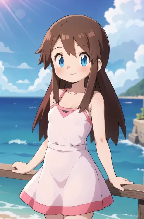 melody_pokemon, blue eyes, long hair, brown hair, bare shoulders, collarbone, pink camisole dress, blush, smile, ocean, cliff, c...