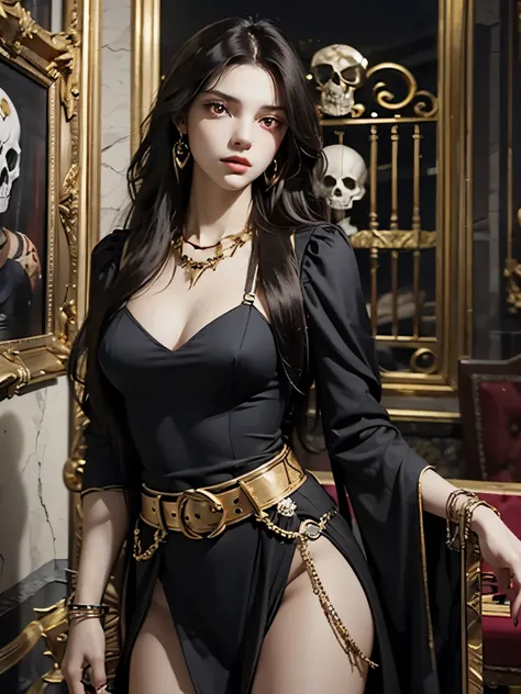 1 girl, solo, details, masterpiece, best quality, photorealistic realism, beautiful girl, long hair, black hair, skull headband, gold earrings, (((red eyes))), beautiful face, skull necklace, perfect body, large breast, open chest, black long dress, skull ...