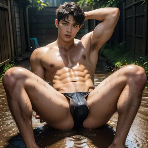 FULL BODY, SEE THROUGH THONG, BROWN THONG, MUD, MUD COVERING ALL OVER THE BODY, Showing off his very hairy armpits, Slim fit, very cute kids face, 17 years old boy, baby face, young kids, Very young teenager boy, Amazing dirty muddy Alley scenery, in the m...