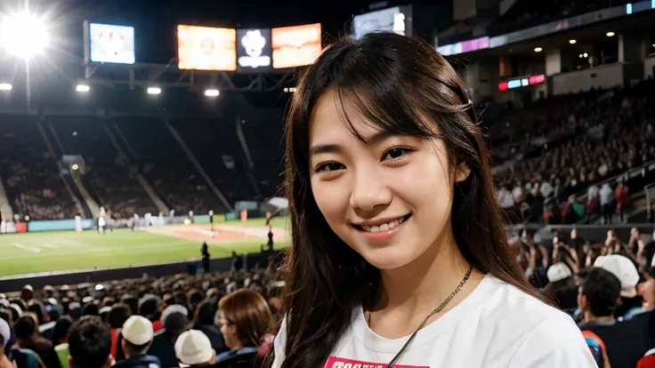 A smiling young Japanese woman working as a concert event staff member