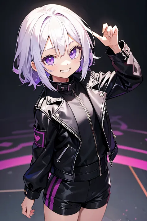 anime 6 year old girl with white hair with a grin, purple eyes, black leather jacket and shorts