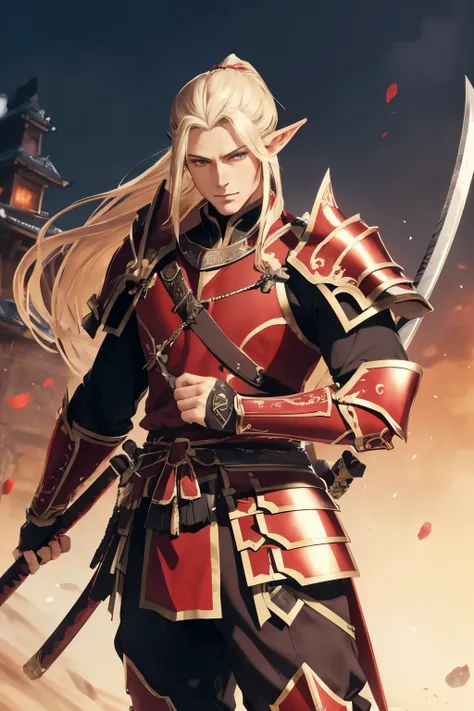 ((best quality)), ((masterpiece)), (detailed), perfect beautiful face, fantasy high elf male, long majestic dark blonde hair tied into a ponytail, heavy red samurai plate armor, katana by his side, perfect hands, full body, fantasy background