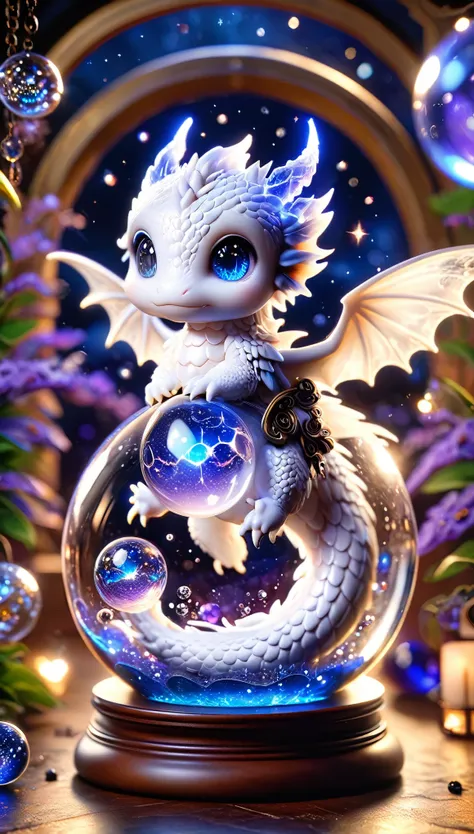 absurd, high resolution, super detailed, hdr, masterpiece, best quality, ( trapped in a crystal ball) little white dragon, expre...