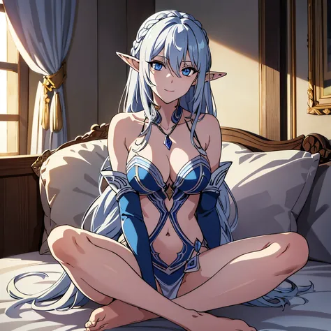 inn, tavern, on the bed, smile, Smiling, solo, battle stance, 1girl, soft smile, slender figure, slim, young girl, short height, full cheeks, skinny, Sexy, Beautiful composition, beatiful face, handsome body (Body Full 1.1.), Beautiful figure, in full heig...