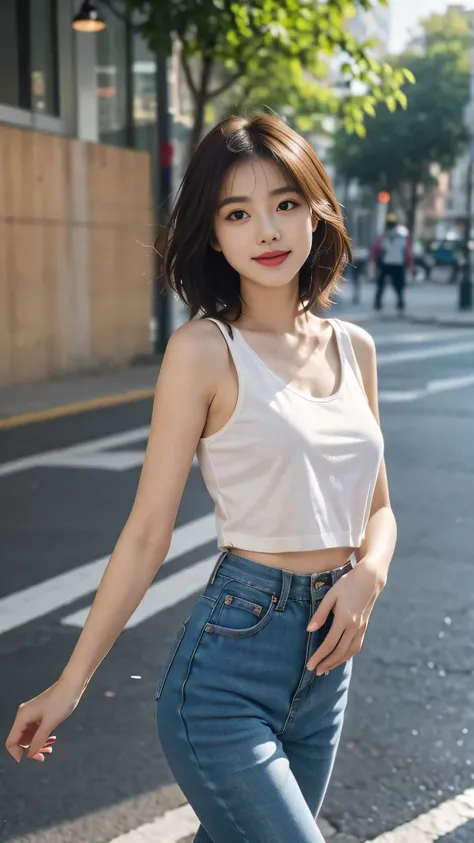 masterpiece, top-quality, 1 beautiful girl, (Detailed beautiful eyes), ((Detailed skin)) , ((Detailed medium hair )), A beautiful girl 170cm, she in colorful clothings hiphop style and sneaker sport, tank top, high waist short jeans, smiles, RAW photos, CG...