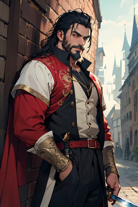 ((best quality)), ((masterpiece)), (detailed), perfect face, fantasy, old, beard, cowardly nobleman, vampire, clothes that are not too fancy, sword