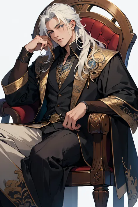 ((best quality)), ((masterpiece)), (detailed), young man, perfect face, perfect eyes, long white hair, simple fantasy merchant outfit, tired expression, sitting in chair, fantasy background