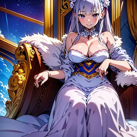 anime, masterpiece, high quality, highly detailed, elegant, sharp focus, beautiful background, cleavage, ((best quality)), ((masterpiece)), (detailed), perfect body, (solo:1.4), 4k upscale, 1 character, cute smile, royalty, luxury, beautiful stars, no extr...