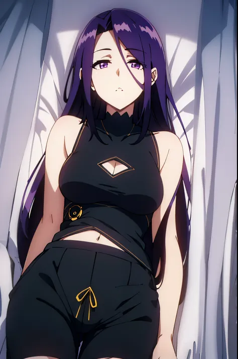 purple hair,purple eyes,elf,((white top-tank,black shorts)),sitting on the bed,