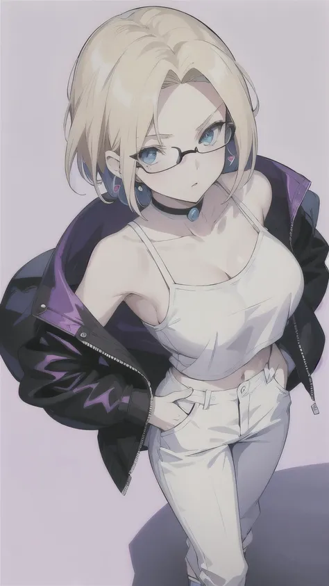 masterpiece,(best quality),(1girl) ,solo, Android 18 from Dragon Ball,(high contrast:1.2),(high saturation:1.2), ((hands on the pocket)),collarbone, cleavage, ((black one-shoulder crop camisole)), off-shoulders track jacket, cropped jacket, midriff-baring,...