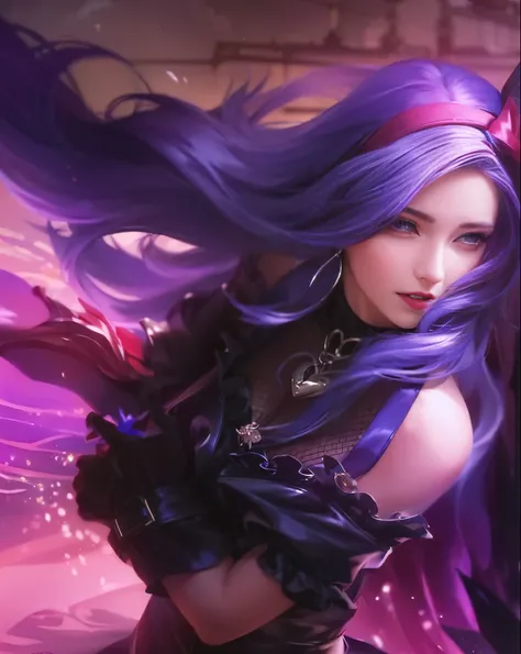 Realistic, High Quality. Purple hair vampire girl, European girl, a 20 years old girl, side-swept, messy hair, wind blows her hairs, red ribbon hairband. almond eyes, big eyes, Red Pupils, Devil Pupils. beautiful model, Pale white skin. realistic skin, sli...