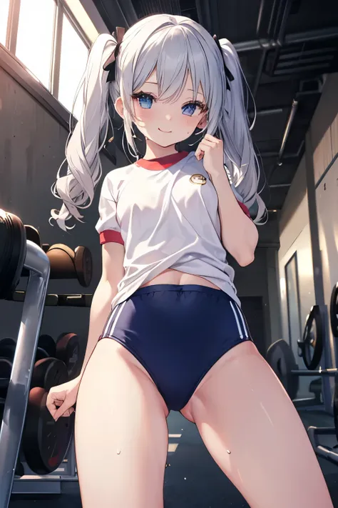 Silver Hair、blue eyes、girl、Small breasts、Twin tails、girl、Small breasts、Lolita、Bright smile、Looks about 15 years old、Petan Musume、He is short、Eye highlights、Sexy thighs、Wearing gym clothes、Sweating