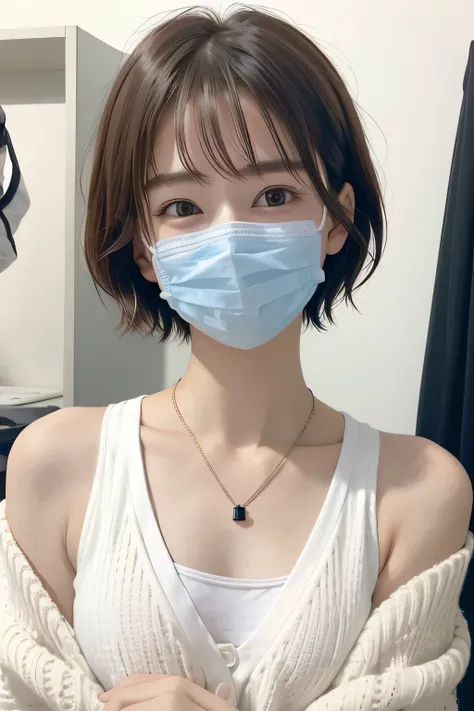 205 ((short hair)), 20-year-old female, In underwear、Put a cardigan over your shoulders、 A refreshing smile、Mask on mouth、Black Hair、ear piercing、Necklace around the neck、