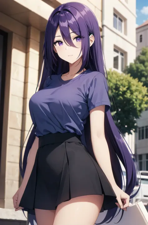 purple hair,purple eyes,((blue shirt,black mini skirt)),