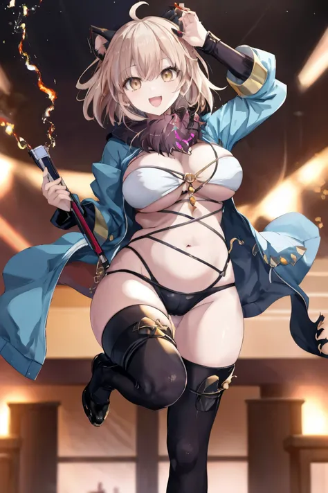 masterpiece, best quality,extremely detailed CG unity 8k wallpaper,
1girl,okita souji (fate),
 smile,open_mouth,jumping,middle_breasts,navel,thighs,happy,gold_eyes,half_eyes,apart_thighs,open_legs,rising_knee,,covered_pussy,dangerousbeast,(dangerousbeast:1...