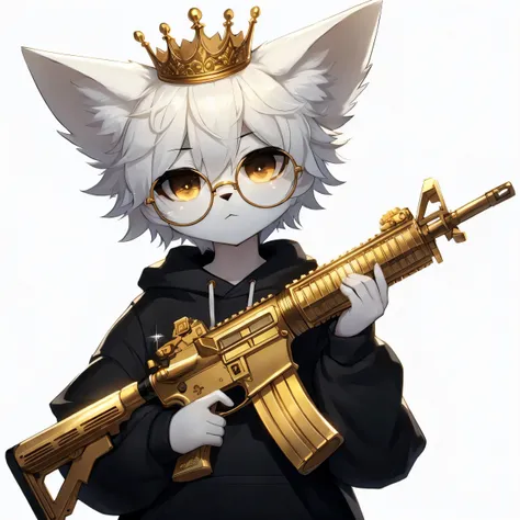 Anthropomorphic white fox, cub, gold round glasses, anime style, lights