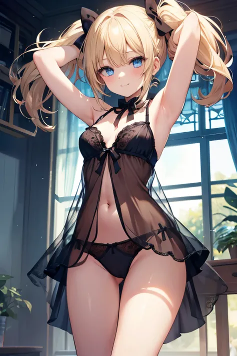 Blonde、blue eyes、girl、Small breasts、Twin tails、girl、Small breasts、Lolita、Bright smile、Looks about 15 years old、Petan Musume、He is short、目のhighlight、Sexy thighs、lingerie、See-through、Showing armpits、Your eyes are so beautiful、highlight