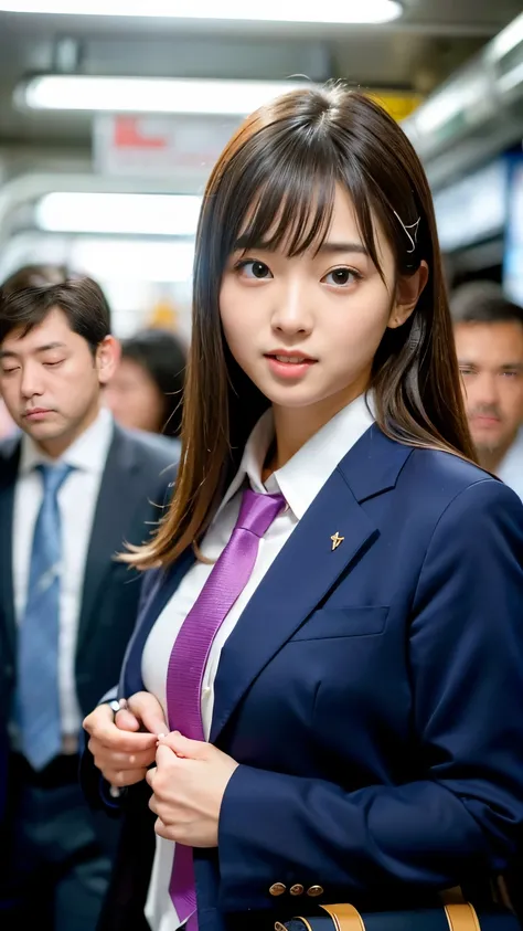 (Best-quality, Masterpiece, Ultra-High-Resolution, (Photorealistic:1.4), Raw Photo, depth of field, professional lighting, perfect anatomy, extremely details), 1girl, 15-years-old, the most famous Japanese idol, on crowded-train, cowboy shot, ((wearing for...