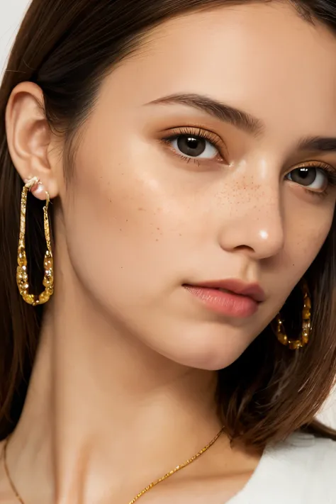 1girl, brown eyes, earrings, food, freckles, hands on own face, jewelry, lips, looking at viewer, messy hair, necklace, nose, realistic, solo, turtleneck, upper body