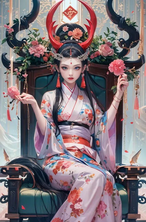 Beautiful demon woman in kimono sitting on a chair, Red light district style, A demon woman with supernatural powers, pretty much beautiful face, Beautiful black hair, Beautiful red make-up, Very beautiful and detailed, Beautiful and delicate blue eyes, Sp...