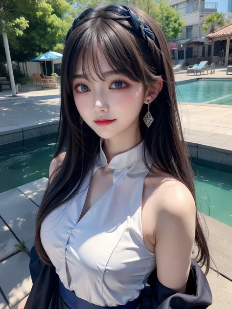 1 Girl、Solitary、looking at the audience、Smile、Medium-length hair、Bangs、blue eyes、Bare shoulders、Jewelry、Upper Body、Blue Hair、earrings、Colorful hair、collar、Virtual_Youtuber、Vest、water、Off-shoulder、Black skirt、Flowing hair、scarf、Beautiful and detailed sky、美丽...