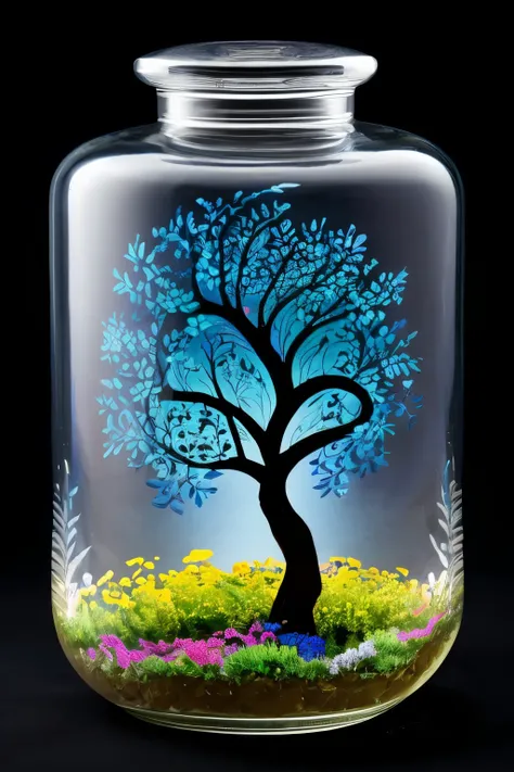 adult nymph tale the product i am envisioning is a decorative glass jar, featuring a hand painted tree design. the tree, with its intricate blue and yellow spiral patterns, stands tall within the confines of the jar. the dark brown trunk of the tree winds ...