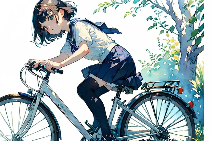 (highest quality、masterpiece)、(a  riding a bicycle、mamachari、whole)、(cute face)、short hair、white sailor suit、long skirt、pleated ...