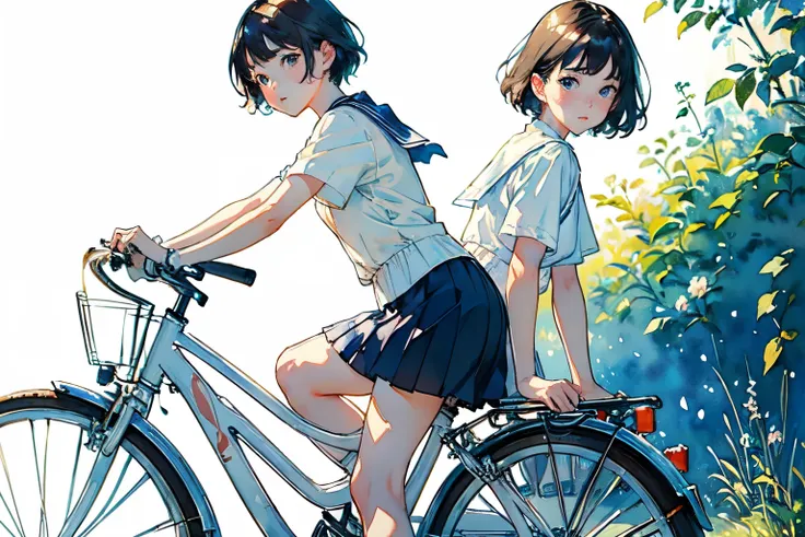 (highest quality、masterpiece)、(a  riding a bicycle、mamachari、whole)、(cute face)、short hair、white sailor suit、long skirt、pleated ...