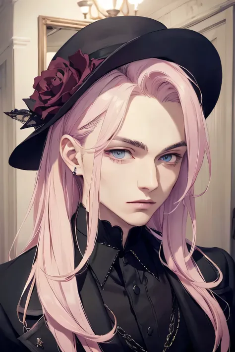 ((best quality)), ((masterpiece)), (detailed), perfect face, ((best quality)), ((masterpiece)), (detailed), perfect face, detailed eyes, masterpiece, a masculine vampire man, pastel pink hair and sky blue eyes wearing a Victorian goth suit clothing standin...