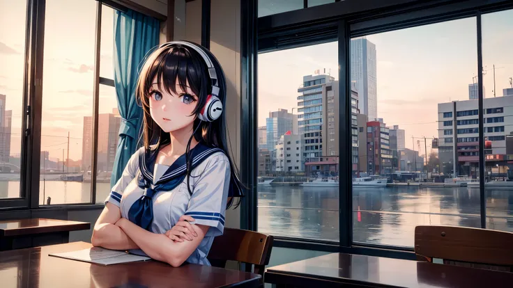 Ultra HD、4ｋ、masterpiece、Beautiful single girl in sailor suit studying in a coffee shop while listening to music on headphones、clavicle, RAW Photo、Warm lighting、Beautiful urban landscape、Japanese anime style、