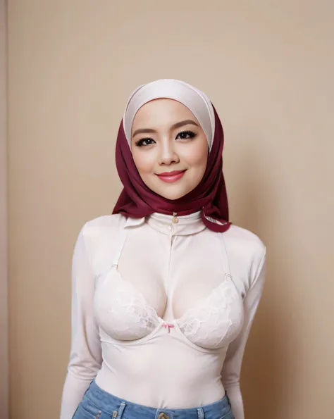 Malay hijab girl wearing burgundy color tight satin srapless bra and panties portrait photography, mid shot photo, ultra detail, professional photograph with professional lighting, smile, at the garden, outdoor background, sexy seducing pose, curvy body, c...