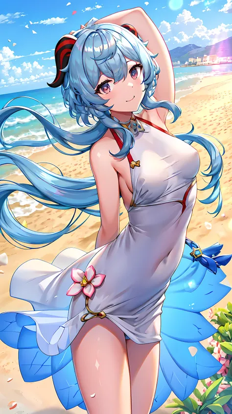 8k images,highest quality，High resolution、ganyu (genshin impact)、Stand on the sand、Beach、Mouth closed、Beautiful coast、white dress swimsuit、Wear a cute swimsuit、Laughter、View from the front、Emphasis on the center as the absolute standard、Cowboy Shot、Bookmar...