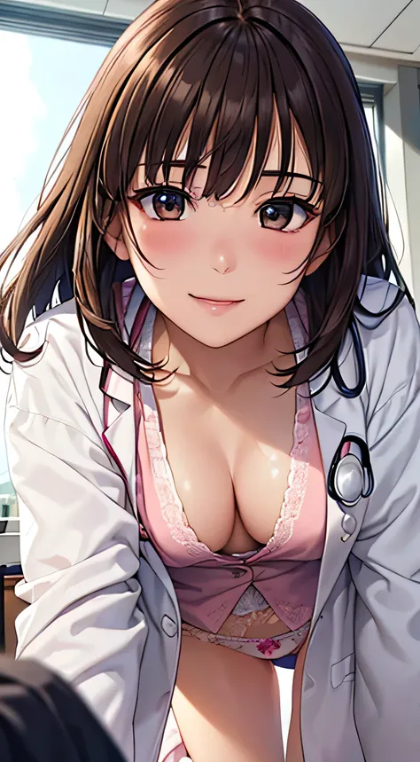 ((Tabletop, highest quality, High resolution, , Pixel perfect, 4K,))), 1 female doctor, single, alone, beauty、The whole body is visible、 ((Mid-wave hair, bangs, Brown Hair)), ((Brown eyes, Beautiful eyelashes, Realistic eyes)), ((Detailed face, Blushing:1....