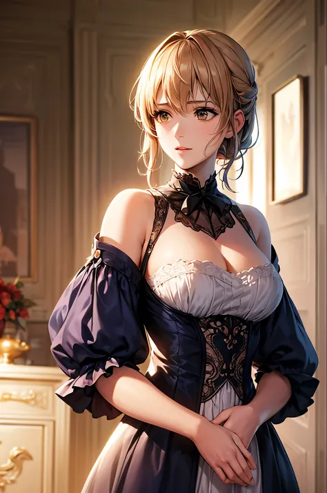 masterpiece, highest quality, (Highly detailed CG synthesis 8k wallpaper), (highest quality), (Best illustrations), (Best Shadow), (Stable Diffusion Model), Violet Evergarden, Sparkling, beautiful, victorian style bedroom, Dynamic Lighting, Depth of writte...