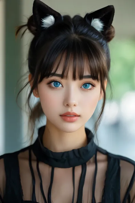 bellissima, 1girl, solo, looking at viewer, bangs, blue eyes, black hair, animal ears, parted lips, hair bun, blurry, lips, blur...