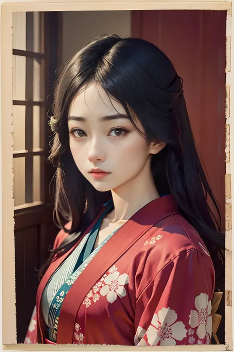 Ukiyo-e、woodblock print、woodblock print、Beautiful Japanese Woman、Utamaro、Detailed face、Beautiful Eyes、Elegant kimono、Intricate floral pattern、Delicate skin、Natural light、A calming color palette、Soft Focuasterpiece